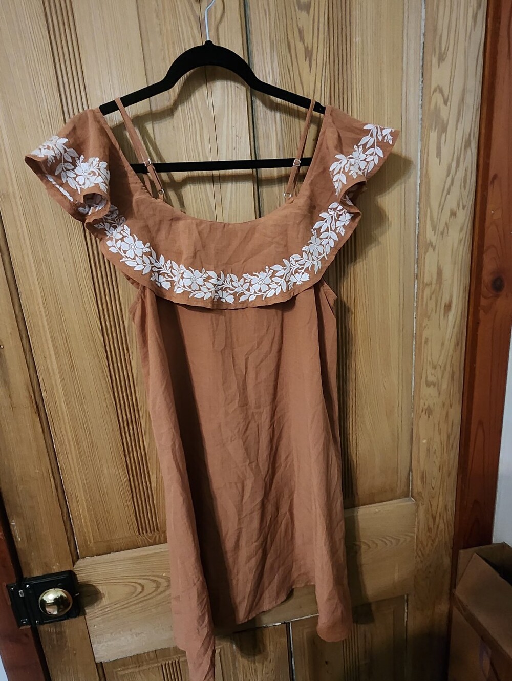 mittoshop Rust Brown Spaghetti Strap Dress with White Floral Embroidery, Size S - Picture 3 of 9